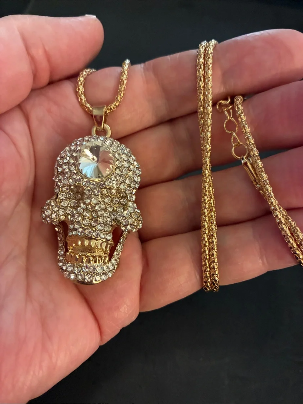 Crystal Gold Tone Skull Pendant Necklace